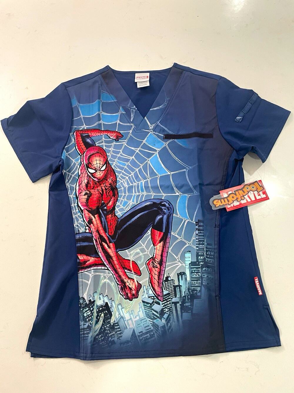 Tooniforms Marvel Spider-Man Men’s V-Neck Scrub Top XS Navy TF700